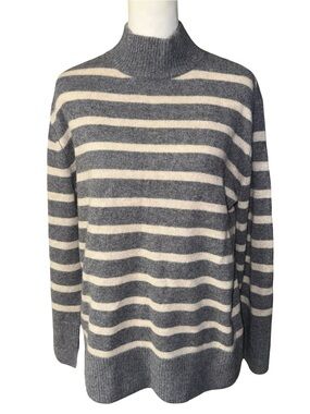 LOFT Cashmere Gray Cream Striped Mock Neck Sweater Medium M Cozy Warm